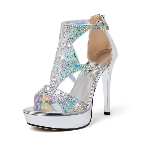 Eldof  Sandals, Sexy High Heel Strappy Sandals Rinestones, Cutout Open Toe Sz 8 - Picture 1 of 6